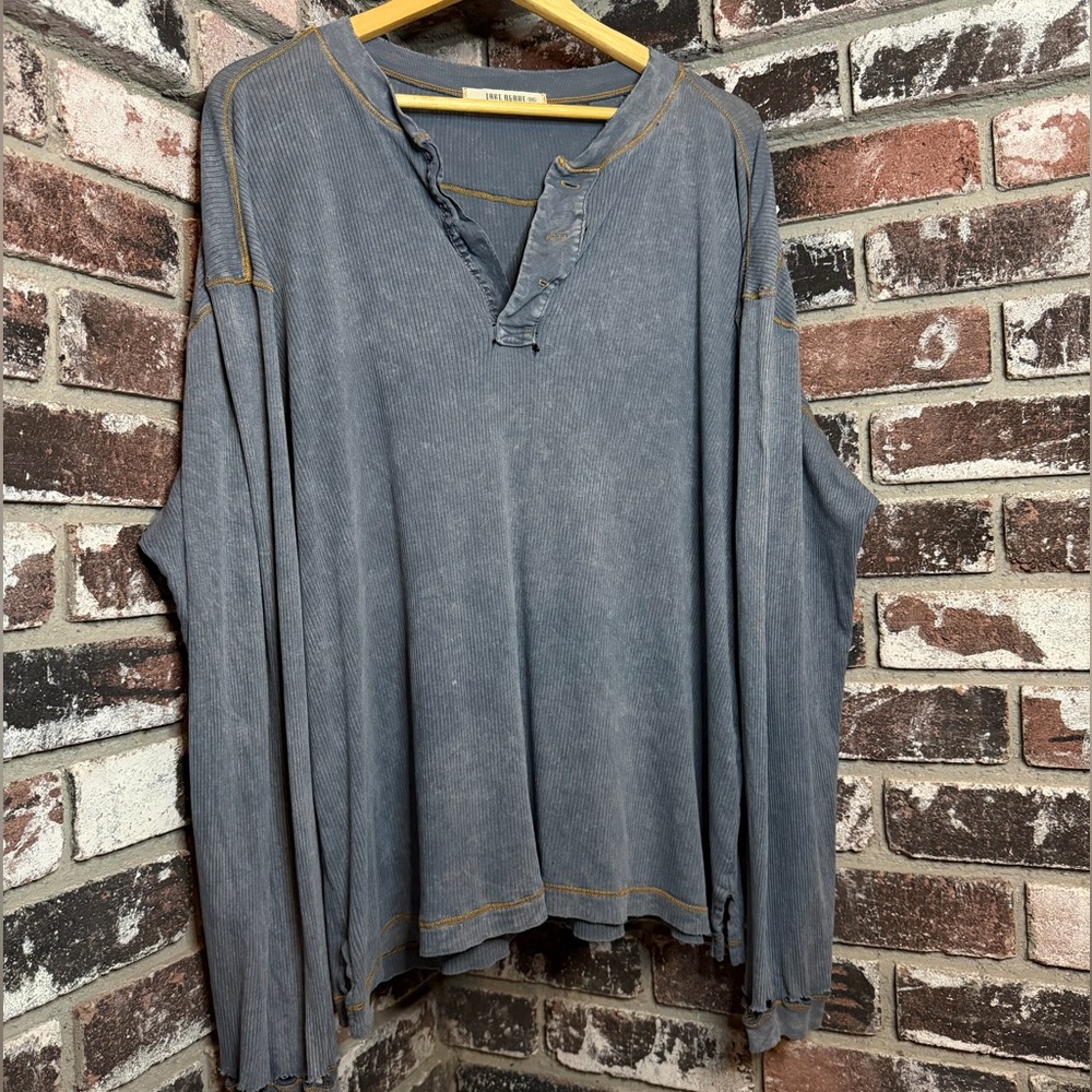 Vintage Jake Agave Distressed Mens Blue Long Sleeve Henley Shirt